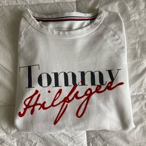 white Tommy Hilfiger crew neck.